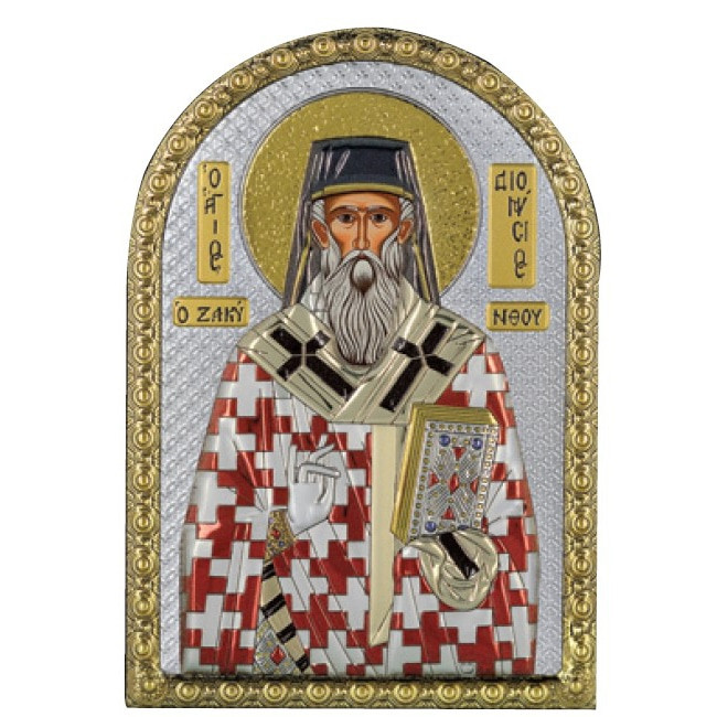 Икона Святой Дионисий 5х7см серебряная на пластику украшена разноцветной эмалью