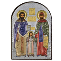 Ікона Св. Рафаіл, Миколай і Ірина 5х7см срібна  на пластику покрита ємалью