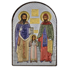 Ікона Св. Рафаіл, Миколай і Ірина 4,2х5,8см срібна  на пластику покрита ємалью