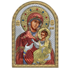 Икона Иверская Божия Матерь 5х7см серебряная на пластику украшена разноцветной эмалью