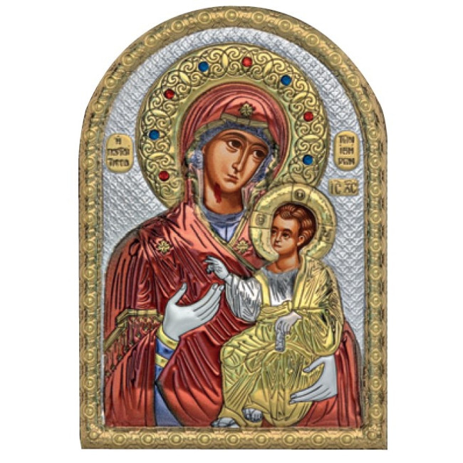 Икона Иверская Божия Матерь 5х7см серебряная на пластику украшена разноцветной эмалью