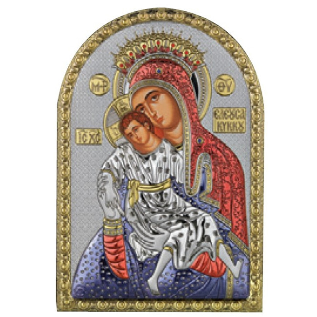 Икона Божья Матерь "Кикская Милостивая" 5х7см серебряная на пластику украшена разноцветной эмалью