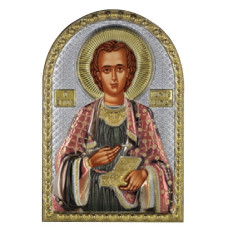 Ікона Святий Пантелеймон Целитель 5х7см срібна  на пластику покрита ємалью
