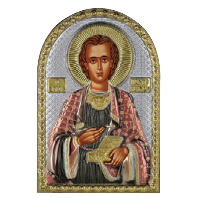Ікона Святий Пантелеймон Целитель 5х7см срібна  на пластику покрита ємалью