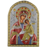 Икона Страстная "Неустанная Помощь" Божья Матерь 5х7см серебряная на пластику украшена разноцветной эмалью