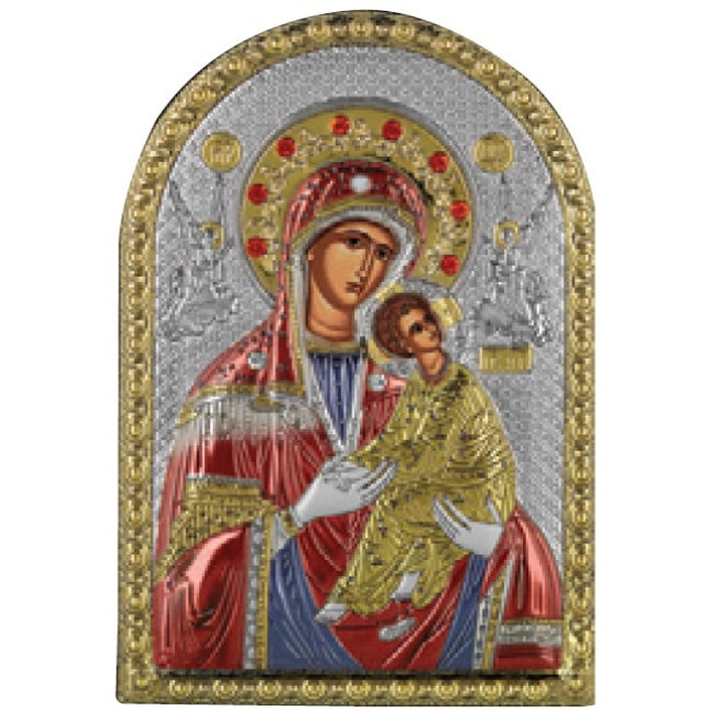 Икона Страстная "Неустанная Помощь" Божья Матерь 5х7см серебряная на пластику украшена разноцветной эмалью