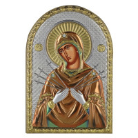 Икона Семистрельная "Смягчение злых сердец" 4,2х5,8см серебряная на пластику украшена разноцветной эмалью