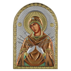 Ікона Семистрільна "Пом'якшення злих сердець" 4,2х5,8см срібна  на пластику покрита ємалью