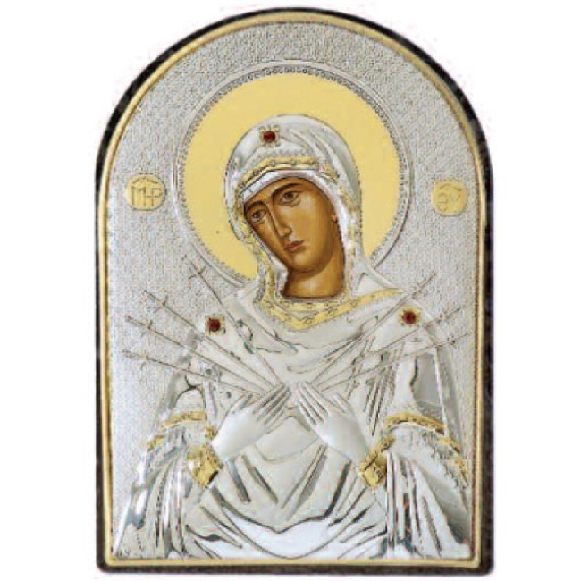 Ікона Семистрільна "Пом'якшення злих сердець" 4,2х5,8см срібна  на пластику арковоЇ форми