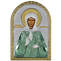 Икона Св. Матрона 5х7см серебряная на пластику украшена разноцветной эмалью