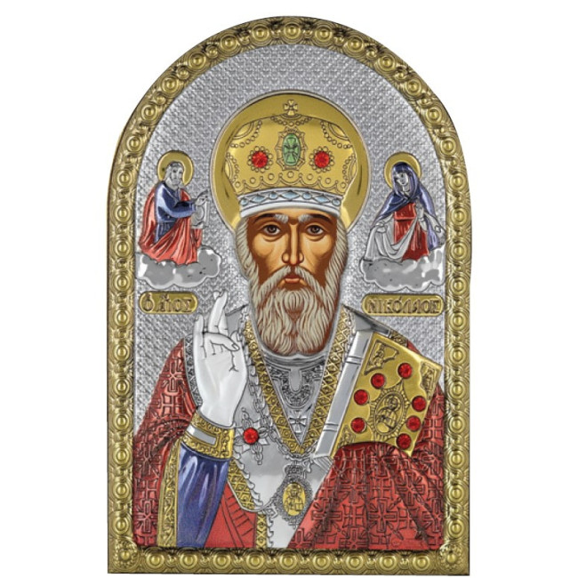 Ікона Миколай 5х7см срібна  на пластику покрита ємалью