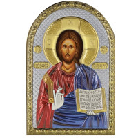 Икона Спаситель Иисус Христос 4,2х5,8см серебряная на пластику украшена разноцветной эмалью