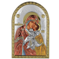 Ікона Богородиця "Умилення" "Солодке Цілування" 5х7см срібна  на пластику покрита ємалью