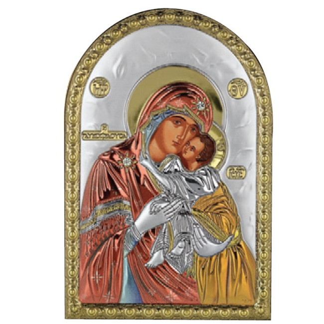 Икона Богородица "Умиление" "Сладкое Целование" 5х7см серебряная на пластику украшена разноцветной эмалью