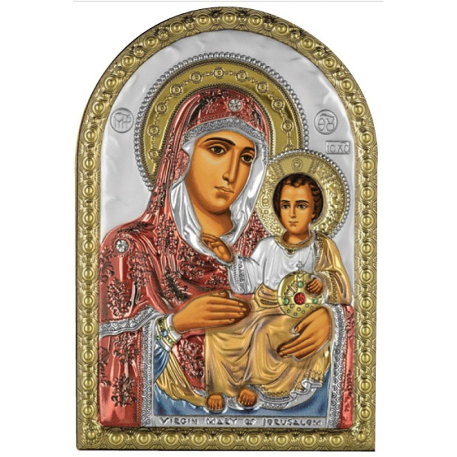 Ікона Єрусалимська Божа Матір 4,2х5,8см срібна на пластику покрита ємалью