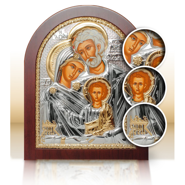 Срібна Ікона Святе Сімейство 10,7х12,8см арочної форми на дереві з рамкою EP3-015XAG/P