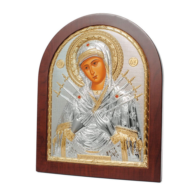 Срібна ікона Семистрільна Божа Матір (Греція) з позолотою 14,7 х 18 см