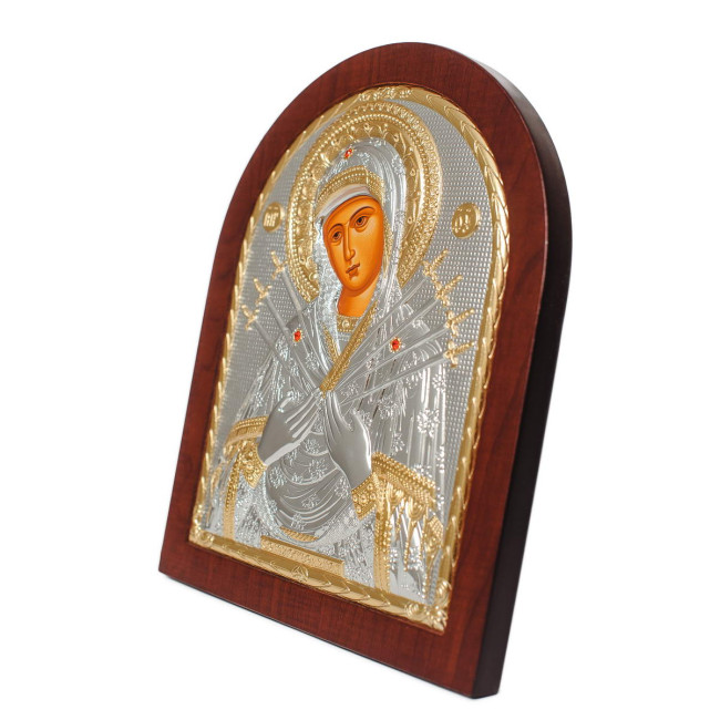 Срібна ікона Семистрільна Божа Матір (Греція) з позолотою 14,7 х 18 см