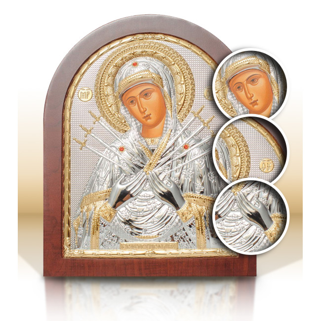 Срібна ікона Семистрільна Божа Мати 5,2х6,8см (Греція) з позолотою