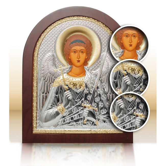 Серебряная Икона Ангела Хранителя 14,7х18см арочной формы на дереве с рамкой EP4-172XAG/P