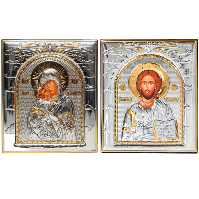 Венчальная Пара Икон Иисуса Христа и Владимирская  Божья Матерь 26,5х22,8см Иконы на Свадьбу EP445-001-7XG/P