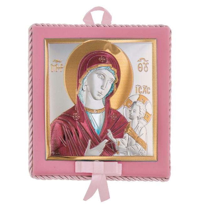 Божа Матір Одигітрія 14x14см музична дитяча іконка на розовій подушечці для дівчинки MA/DM652-LR-C