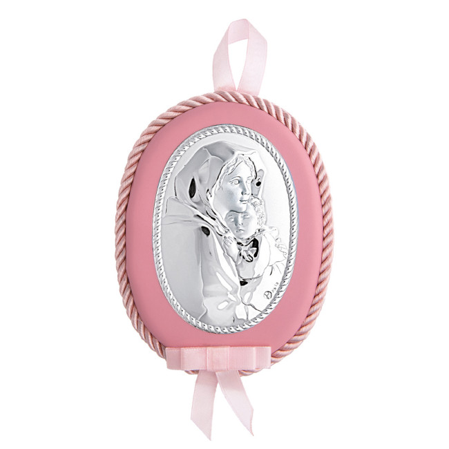 Богородиця з Немовлям 10х12,5см дитяча іконка на розовій подушечці для дівчинки MA/D601L-R