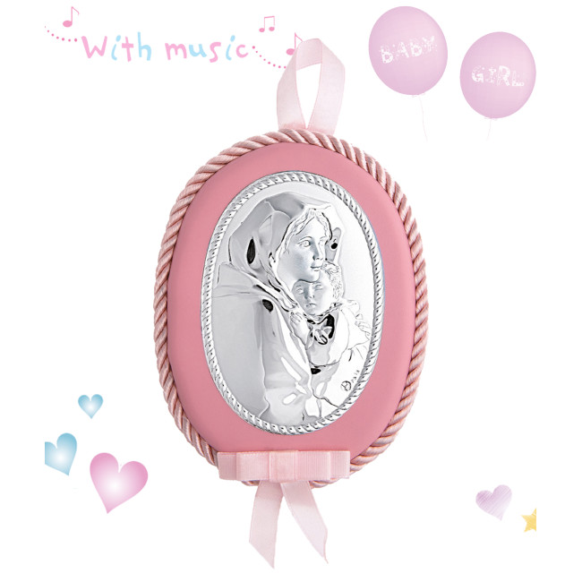 Богородиця з Немовлям 10х12,5см музикальна дитяча іконка на розовій подушечці для дівчинки MA/DM601-LR