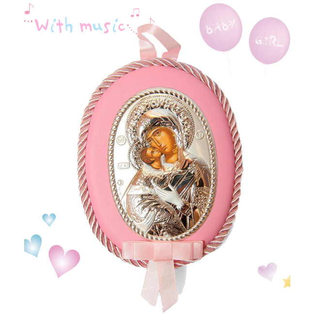 Вишгородська Божа Матір 10х12,5см дитяча іконка музична на розовій подушечці для дівчинки MA/DM1110-LR