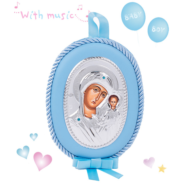 Казанська Божа Матір 10х12,5см дитяча музична іконка на синій подушечці для хлопчика MA/DM1106-LC