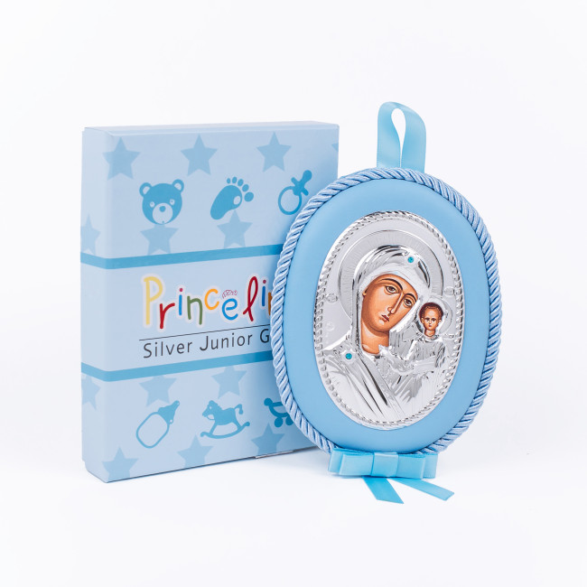 Казанська Божа Матір 10х12,5см дитяча музична іконка на синій подушечці для хлопчика MA/DM1106-LC