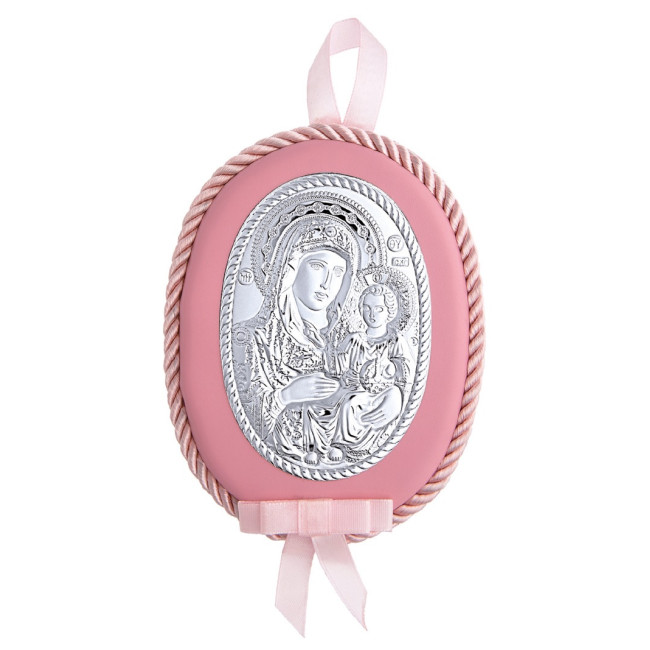 Єрусалимська Божа Матір 10х12,5см дитяча іконка на розовій подушечці для дівчинки MA/D602-LR
