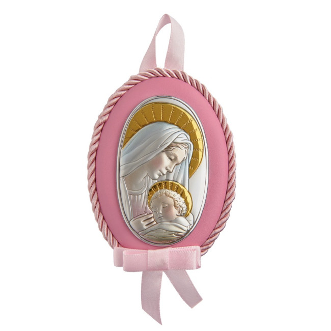 Детская икона Божья Матерь с Иисусом 8x11см MA/D514-RC на розовой подушечке для девочки