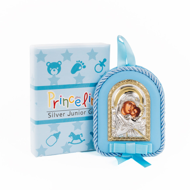 Детская икона Богородица Умиления 7x9см MA/D1104O-C на синий подушечке для мальчика