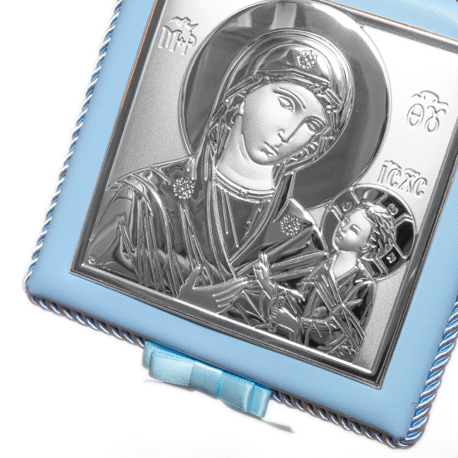 Одигітрія Божа Матір 14x14см музична дитяча іконка на синій подушечці для хлопчика MA/DM652-LC