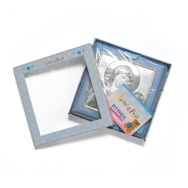 Одигітрія Божа Матір 14x14см музична дитяча іконка на синій подушечці для хлопчика MA/DM652-LC