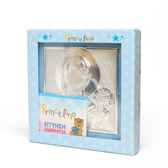 Одигітрія Божа Матір 14x14см музична дитяча іконка на синій подушечці для хлопчика MA/DM652-LC