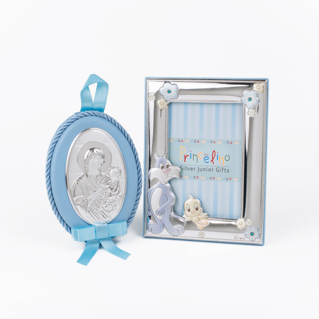 Срібний подарунок хлопчику фоторамка 13х17см з іконкою на подушечці 8x10см