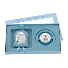 Срібна Іконка на подушечці та Дитяче брязкальце для хлопчика 18х24