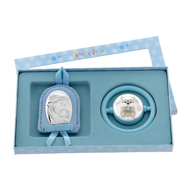 Єксклюзивний набір для хлопчика 18х24см Срібна Іконка на подушечці та Дитяче брязкальце MB/SA005-C