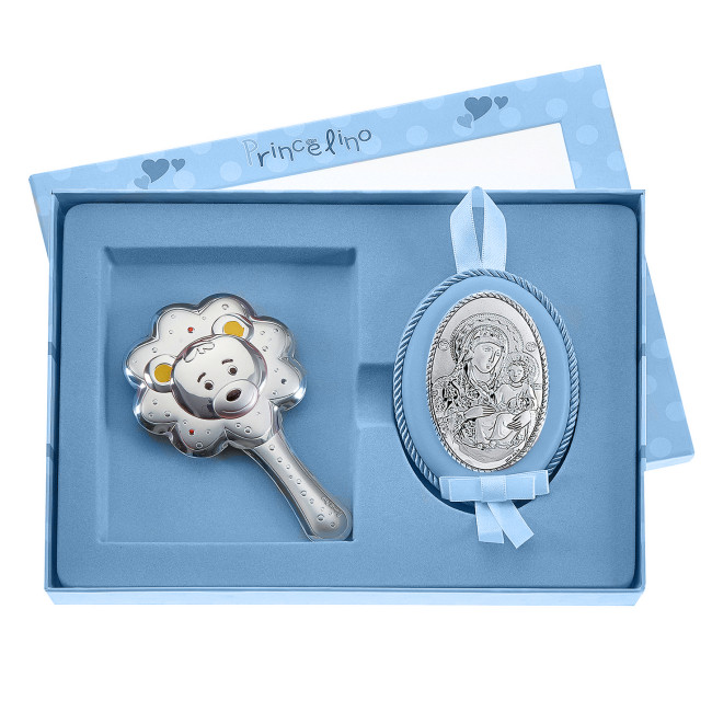 Дитячий комплект подарунків хлопчику 18х24см Срібне Брязкальце та Іконка MB/S087-1C