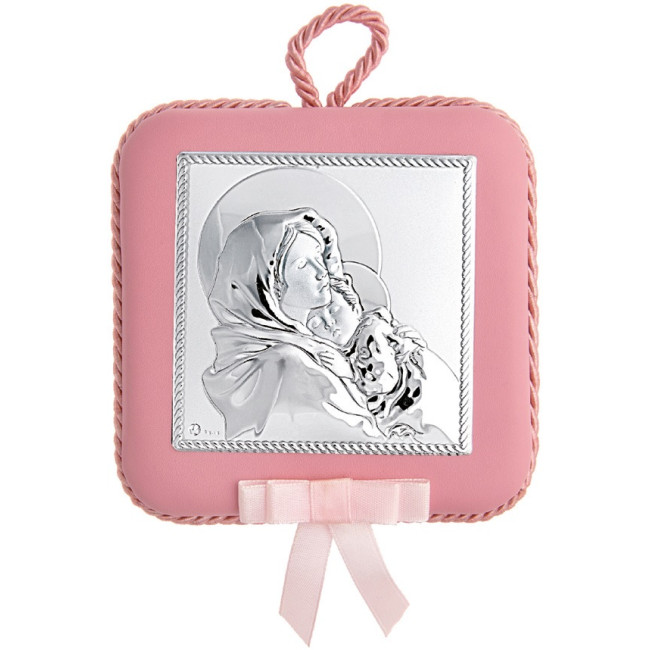 Богородиця з Немовлям 10,5х10,5см дитяча іконка з музикою на розовій подушечці для дівчинки MA/DM604-LR