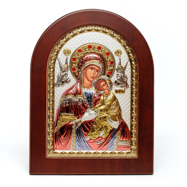 Страсна (Неустанної Допомоги) Ікона Божої Матері 20x25см в різнобарвній емалі аркової форми на дереві