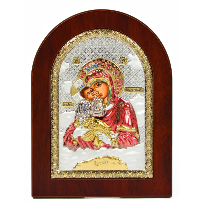 Почаевская Икона Божией Матери 15x21см в разноцветной эмали арочной формы на дереве