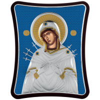 Семистрельная Икона Божией Матери 15x20см на деревяном вытянутом киоте в синей эмали