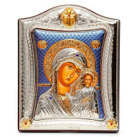 Казанская Икона Божией Матери 20x25см на синем фоне в серебряной рамке с позолотой 