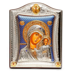 Казанська Ікона Божої Матері 20x25см на синьому фоні в срібній рамці з позолотою 