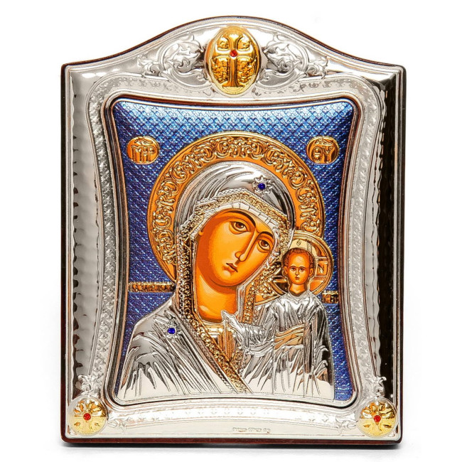 Казанська Ікона Божої Матері 20x25см на синьому фоні в срібній рамці з позолотою 