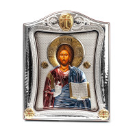 Икона Иисуса Христа 20x25см с разноцветной эмалью в серебряной рамке с позолотой 