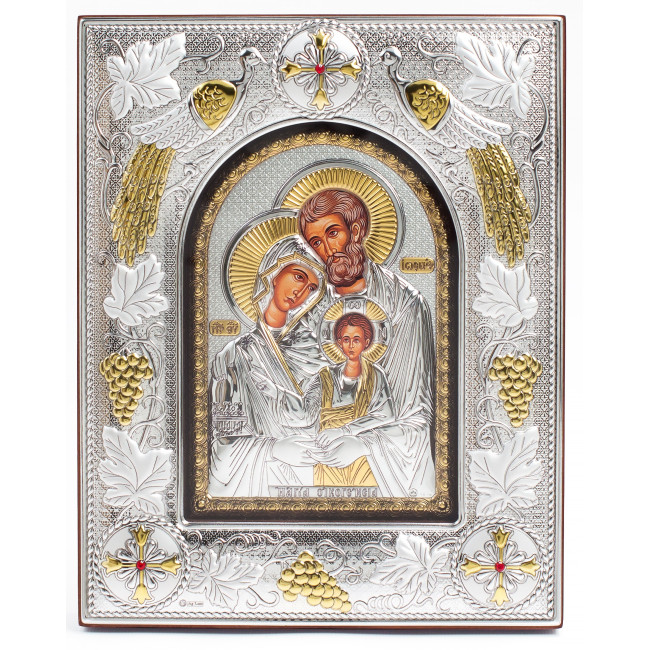 Икона Святое Семейство 20x25x3см в серебряной прямоугольной рамке с позолотой под стеклом